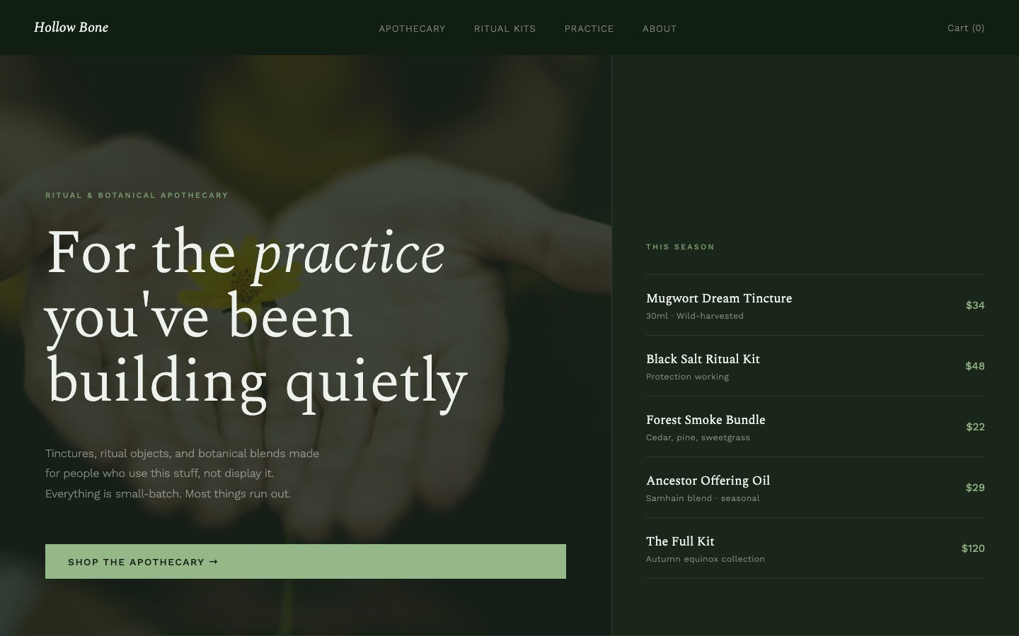 Hollow Bone: Botanical apothecary website
